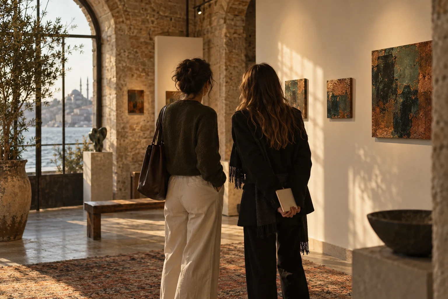 two visitors exploring a gallery together