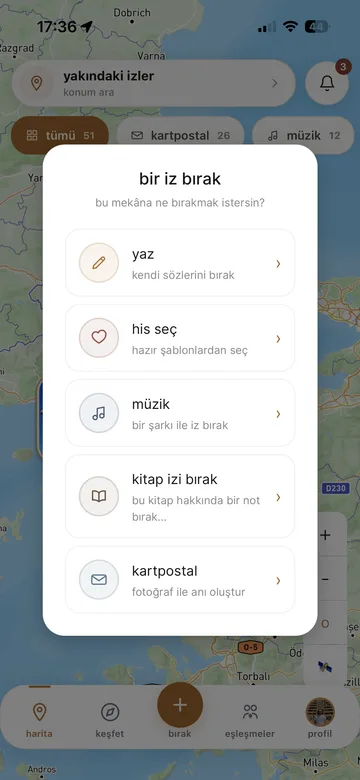 iz oluşturma ekranında yazı, his, müzik, kitap ve kartpostal seçenekleri