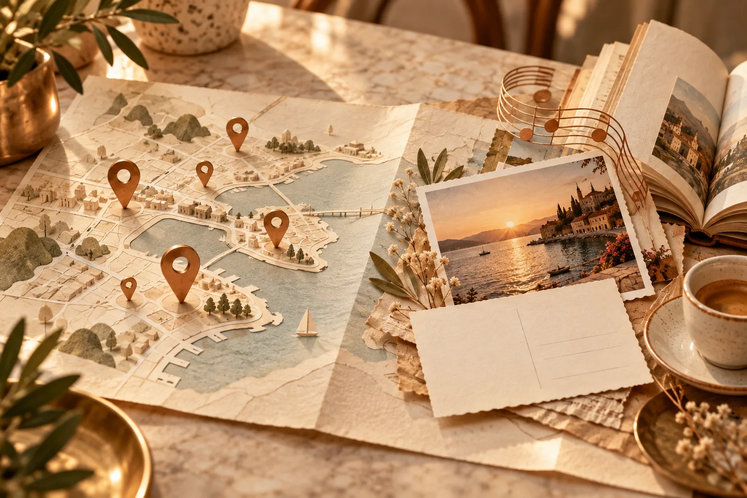paper map with place markers and a collage of a photograph, book and coffee