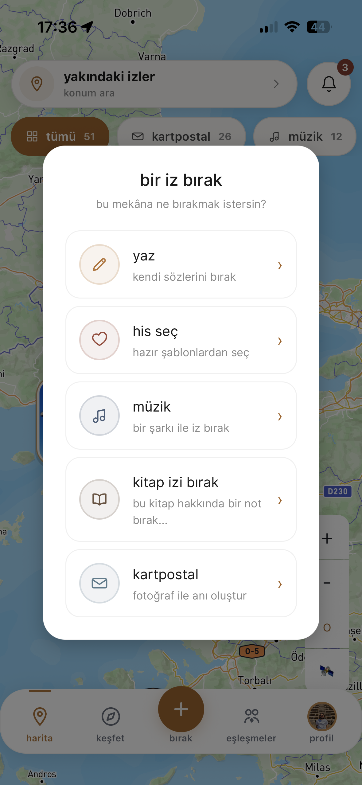 iz türü seçme ekranı